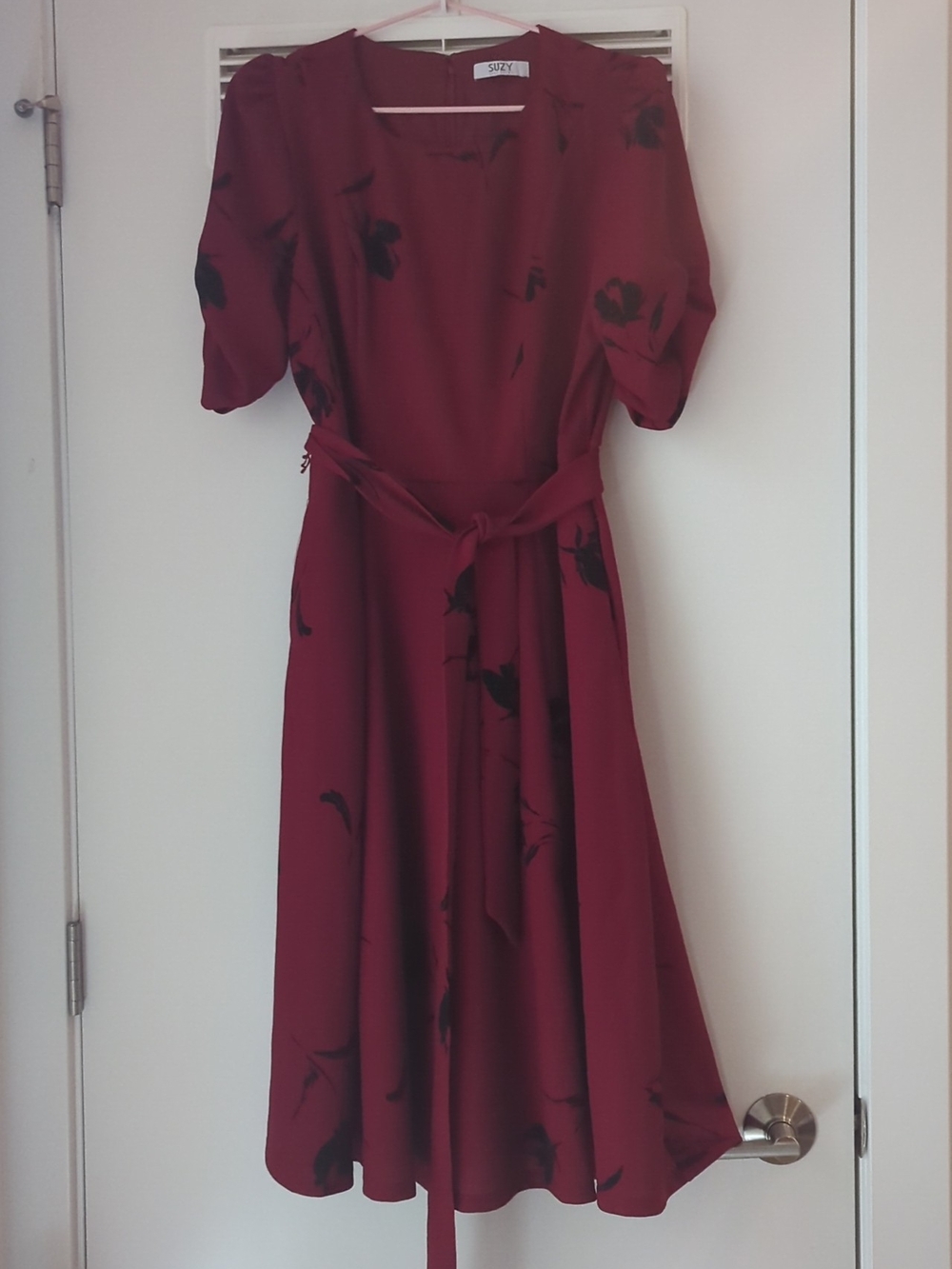 Suzy Shier Burgundy Midi Dress with Black Floral Print